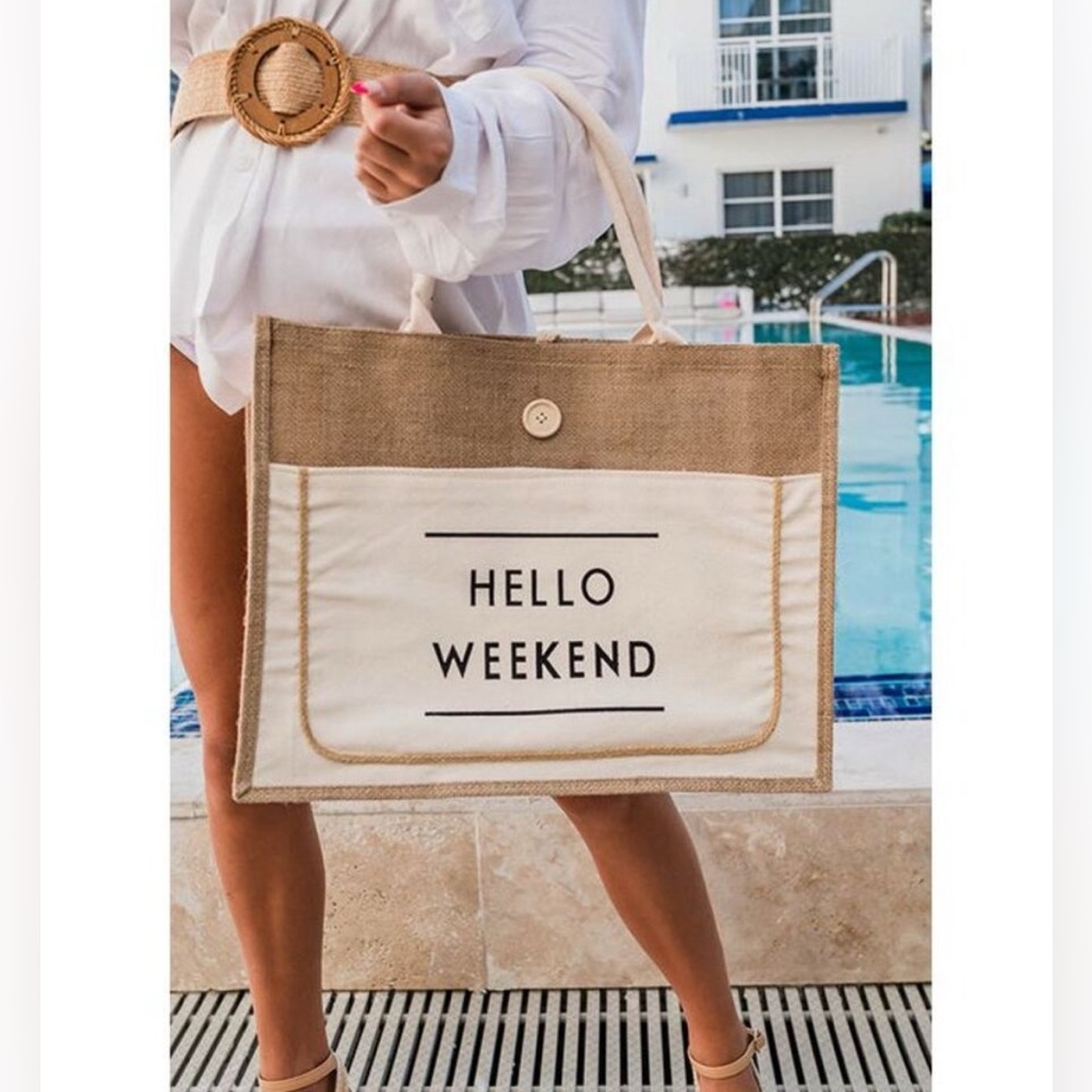 HELLO WEEKEND Burlap Tote Bag